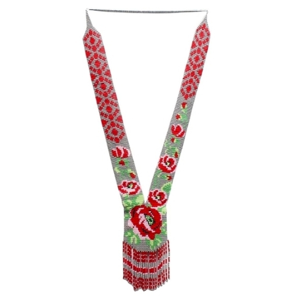 Boutique Jewelry - Red Rose Flowers Seed Beaded Necklace Native American Grey Floral L